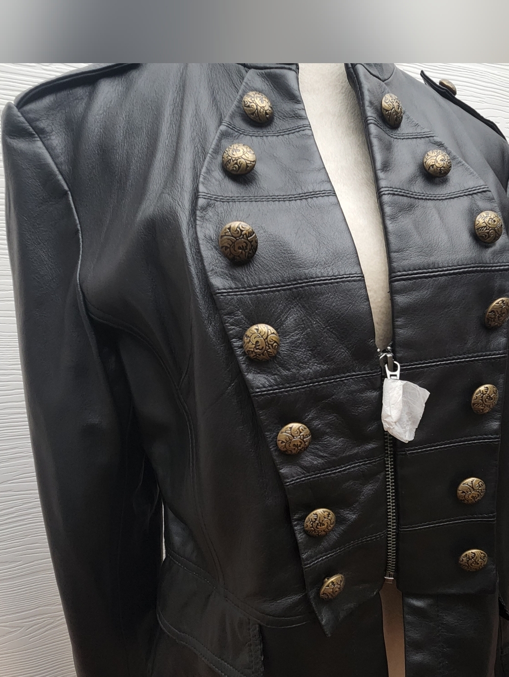 United Face NWT Leather Military Style Jacket Gold Buttons Size XL Moto Luxury - Picture 6 of 15